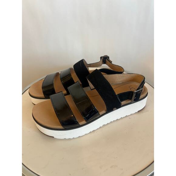 UGG Women's Braelynn
Platform Slingback Sandals. Black patent leather suede SZ 9 - Picture 1 of 10